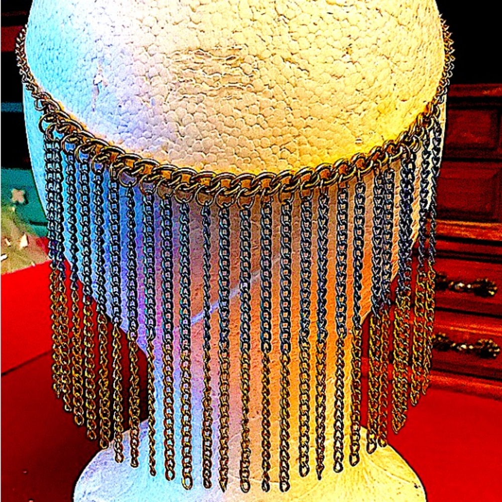 Colorful chain bib necklace adjustable blue/gold vintage no flaws